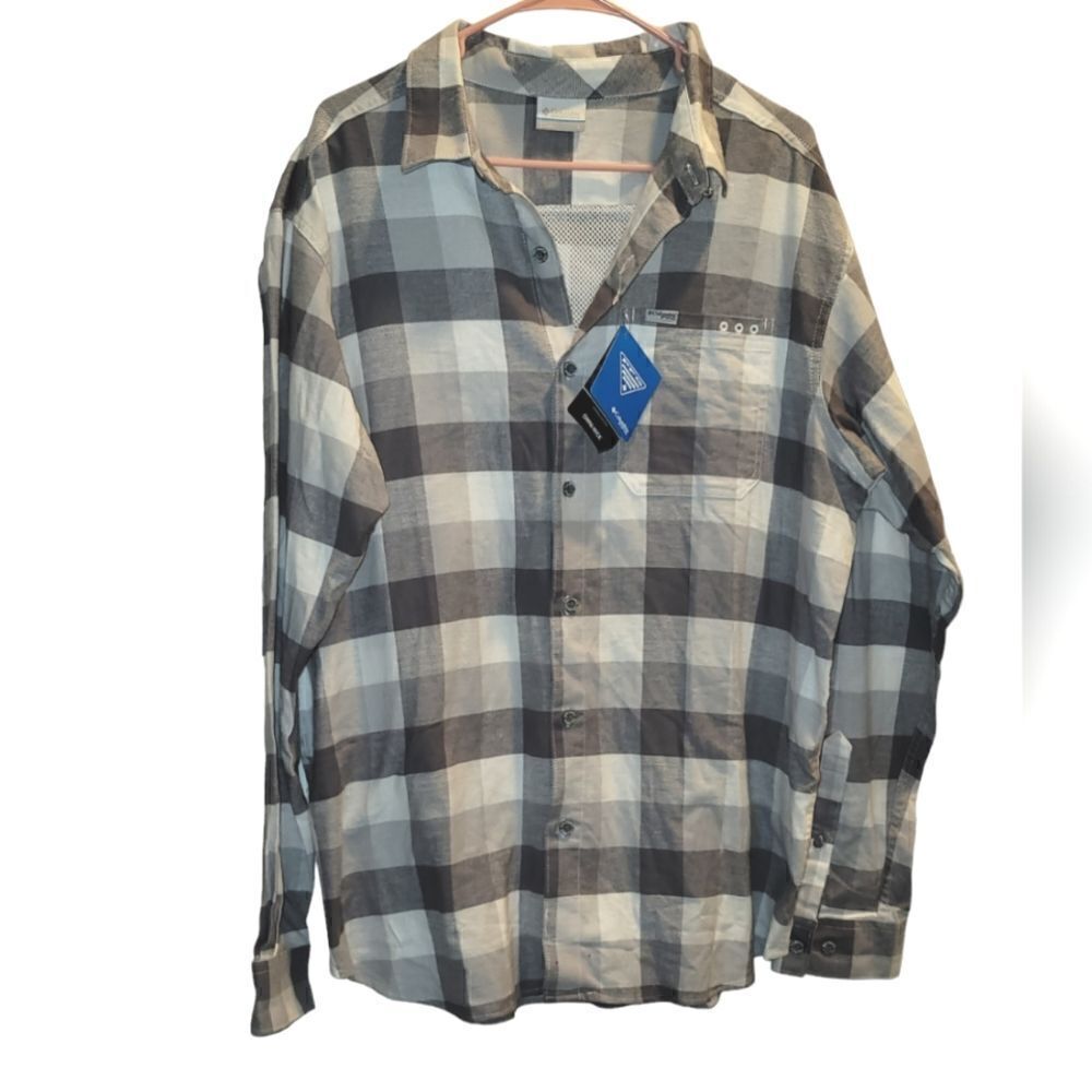 Columbia PFG slack tide flannel shirt in gray/white Size Large  NWT